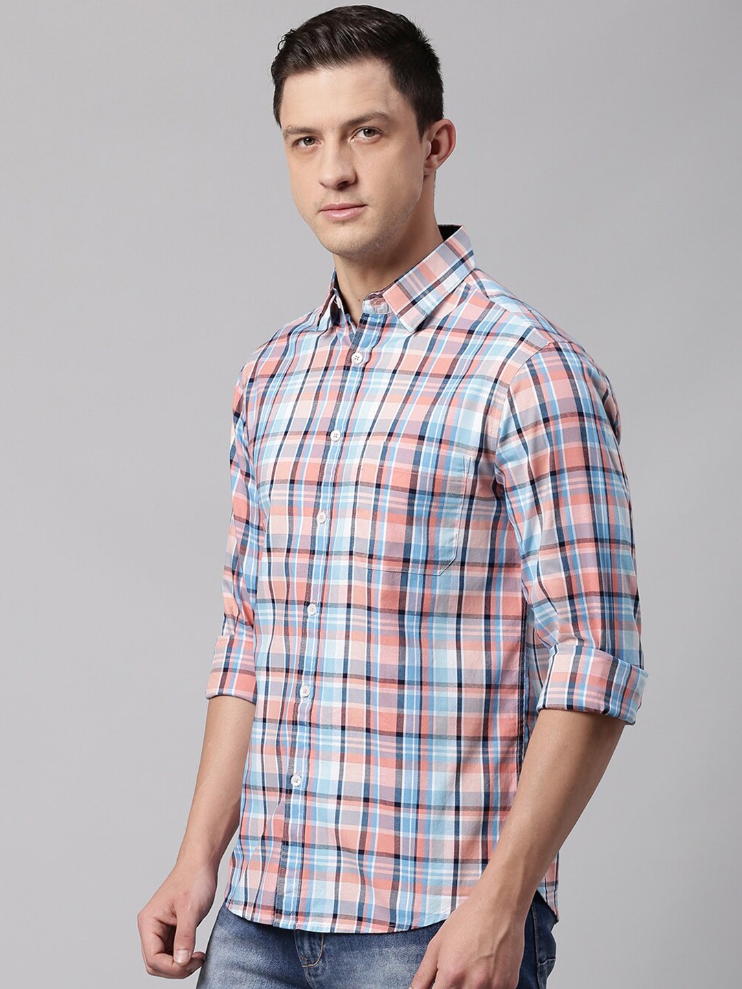 

Dennis Lingo Men Pink Slim Fit Tartan Checks Cotton Casual Shirt
