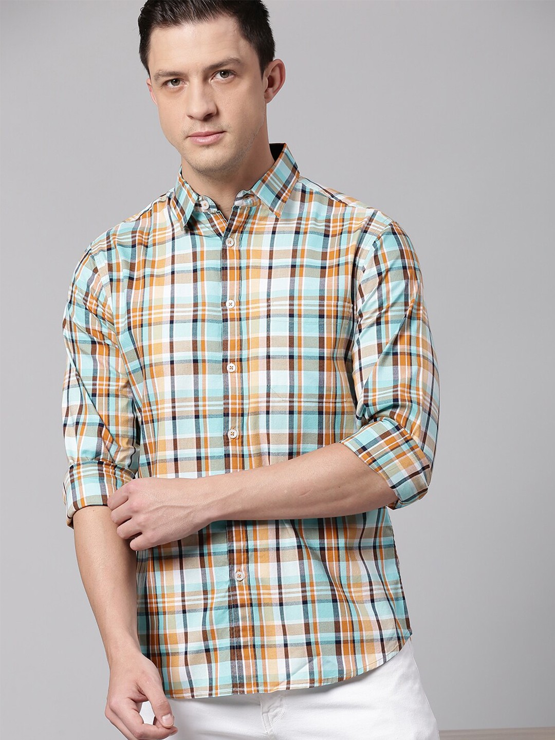 

Dennis Lingo Men Orange Slim Fit Tartan Checked Casual Shirt