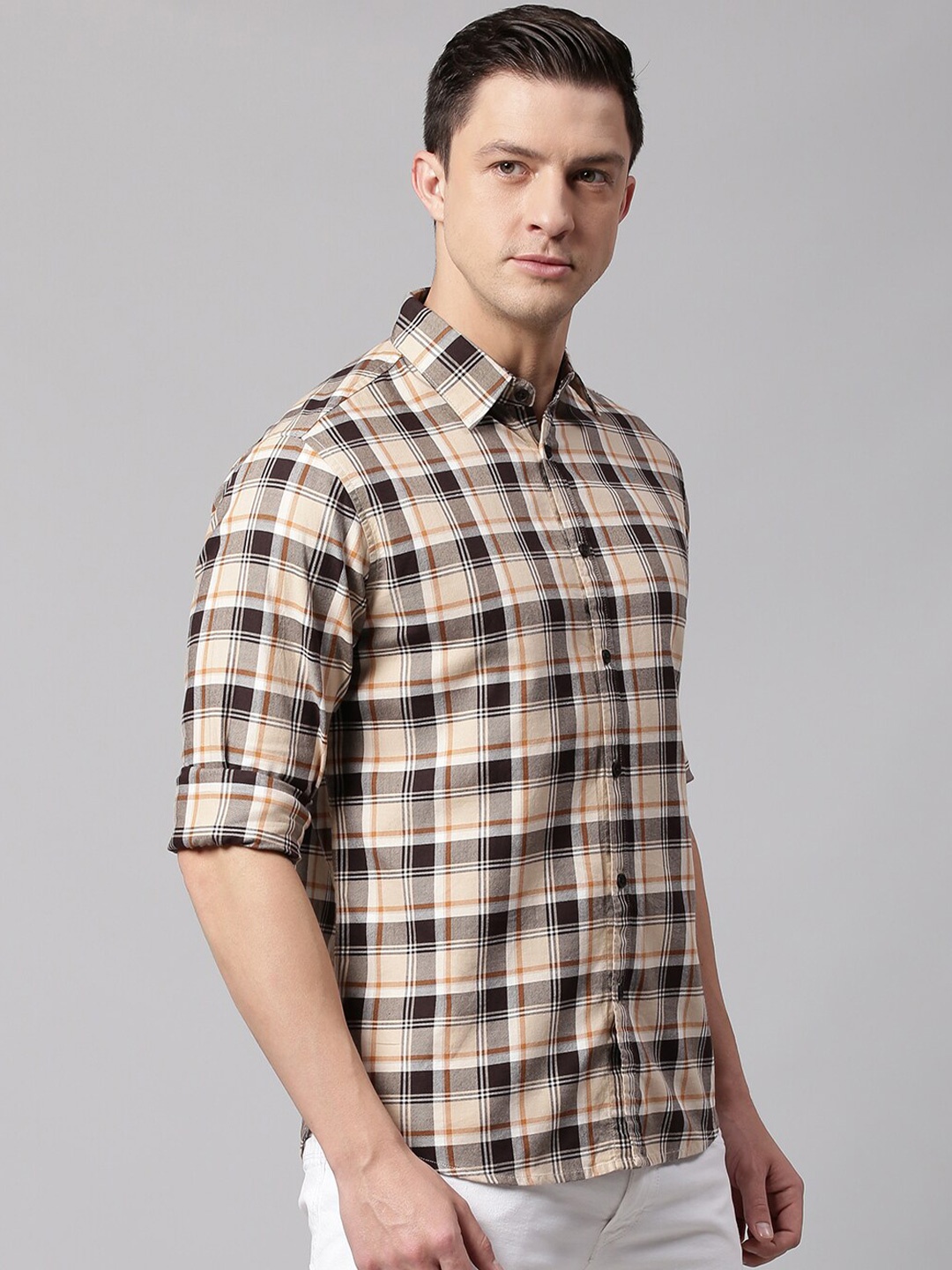 

Dennis Lingo Men Beige And Brown Tartan Check Slim Fit Cotton Casual Shirt