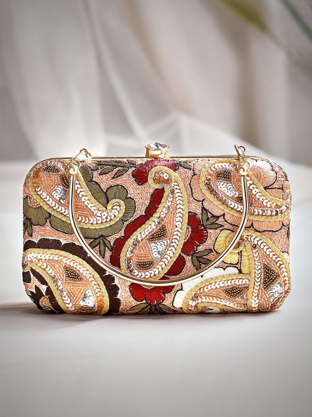 

Rubans Gold-Toned & Red Embroidered Box Clutch
