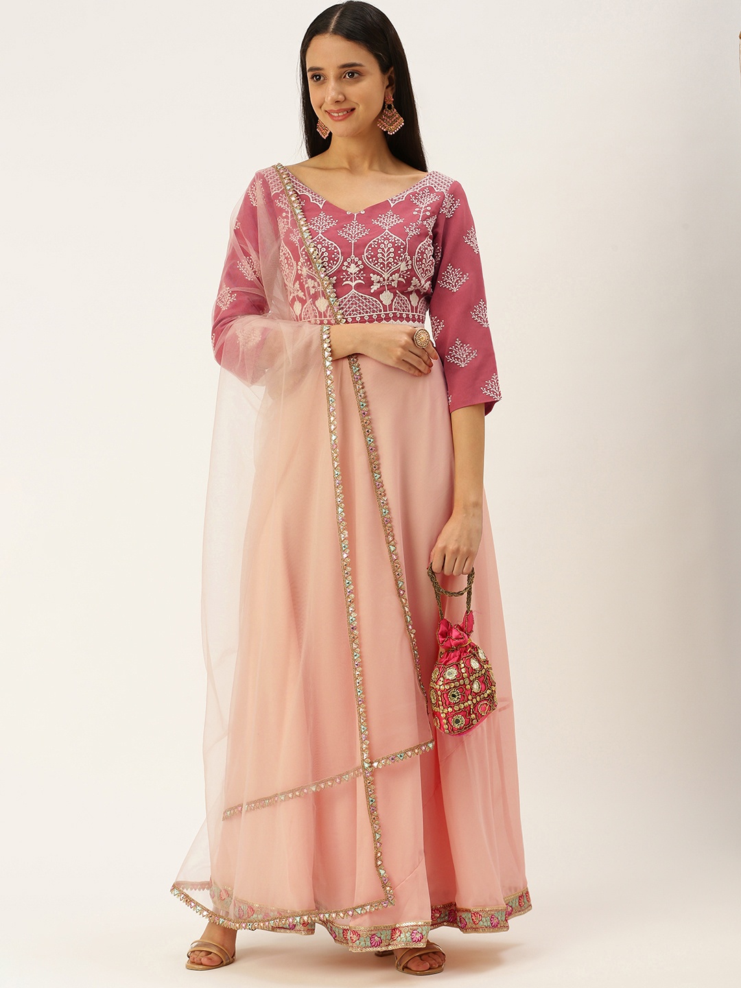 

Ethnovog Women Mauve Peach-Coloured Embroidered Lehenga Choli