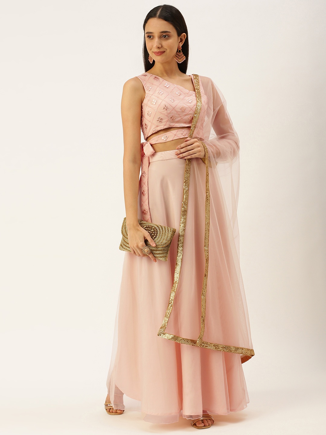 

Ethnovog Woman Embroidered Thread Work Ready to Wear Lehenga Blouse With Dupatta, Peach