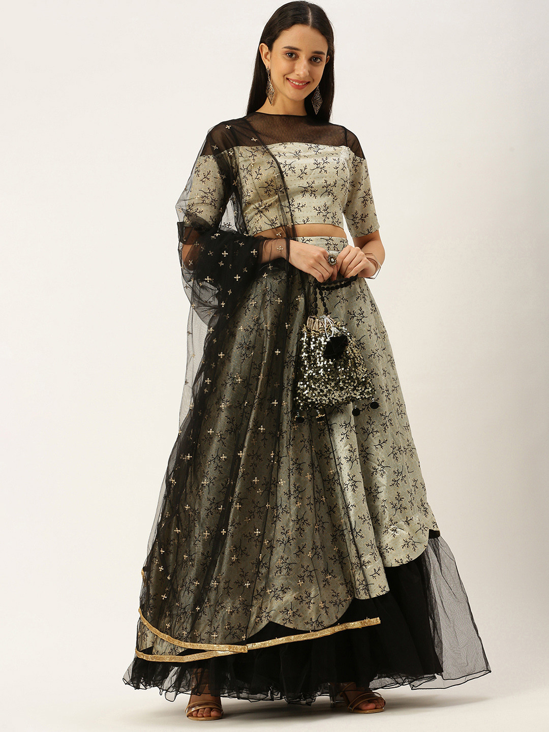 

Ethnovog Beige Black Printed Ready to Wear Lehenga Blouse With Dupatta