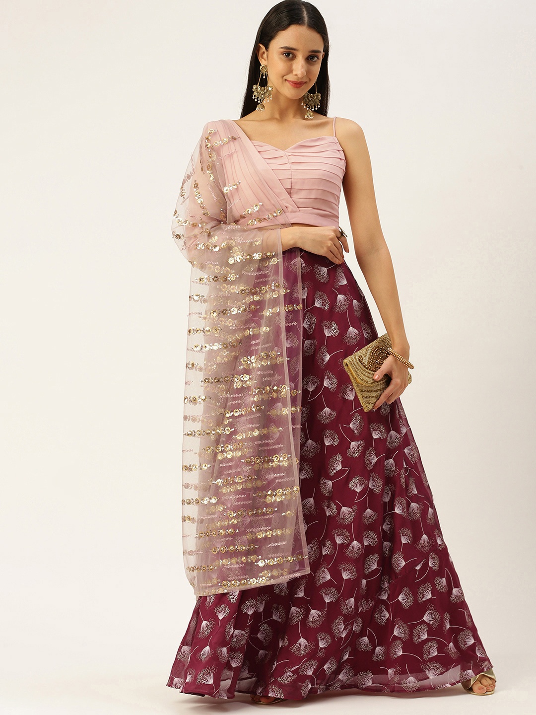 

Ethnovog Peach-Coloured Maroon Ready to Wear Lehenga Blouse With Dupatta