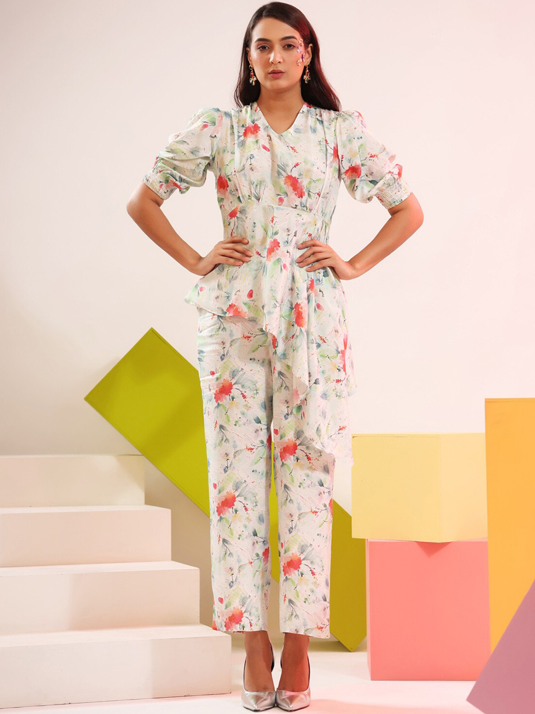 

JISORA Women White & Pink Floral Printed Silk Blend Co-Ords Set