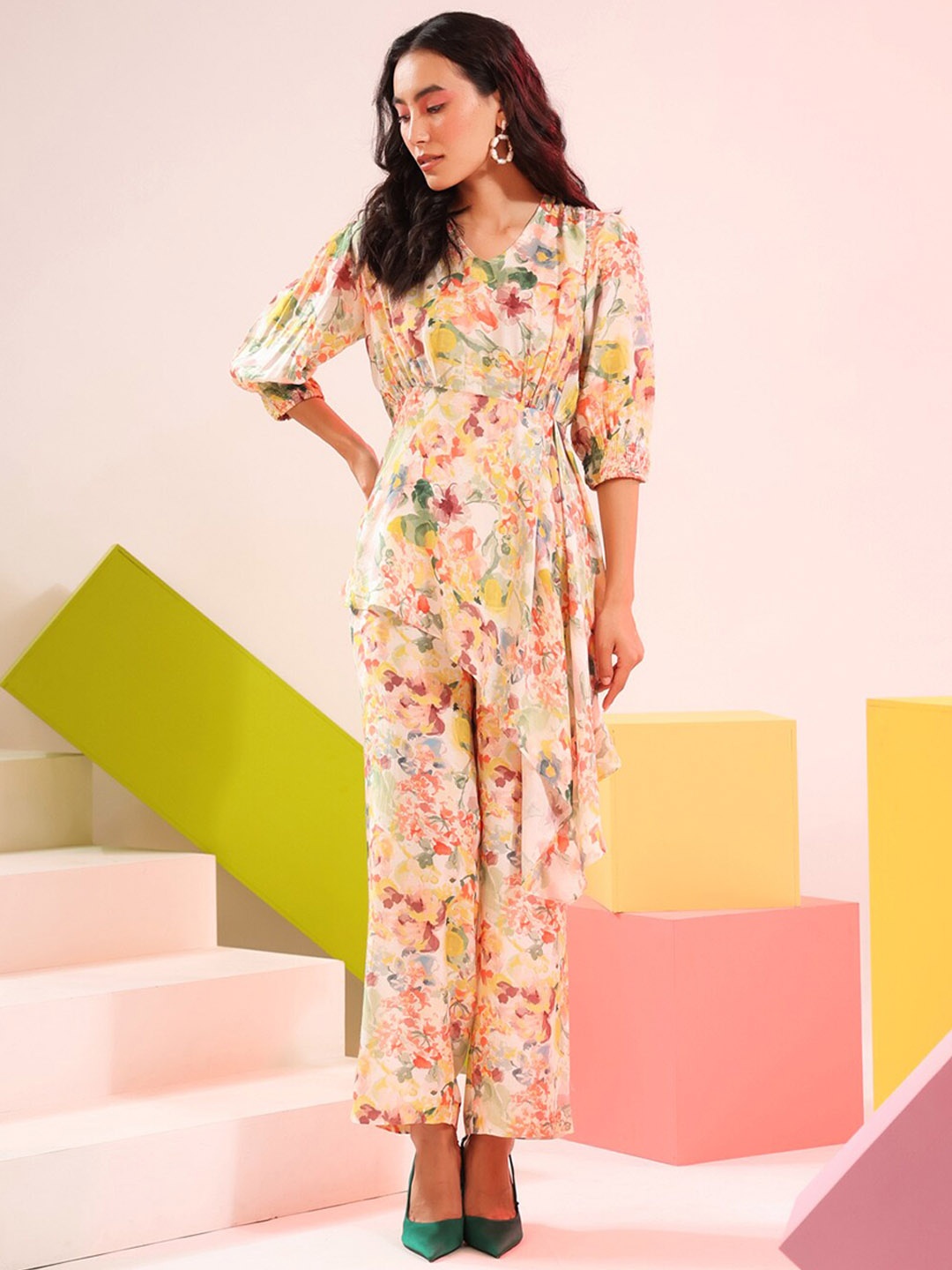 

JISORA Women Off White & Cream Floral Printed Co-Ords Set