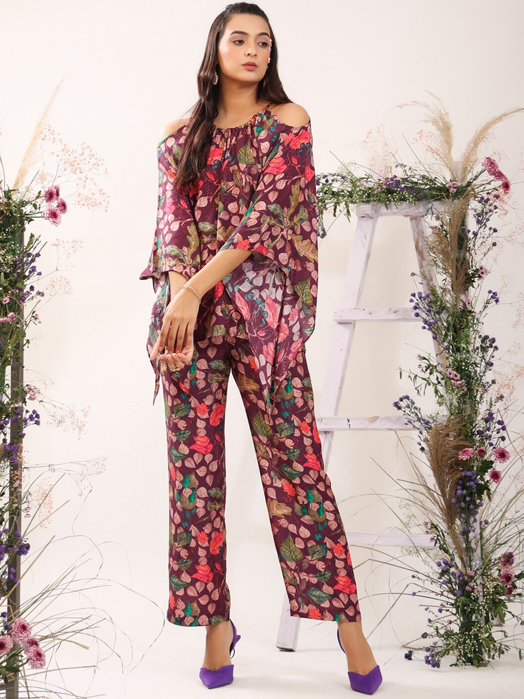 

JISORA Women Purple Printed Pure Silk Co-Ord Set