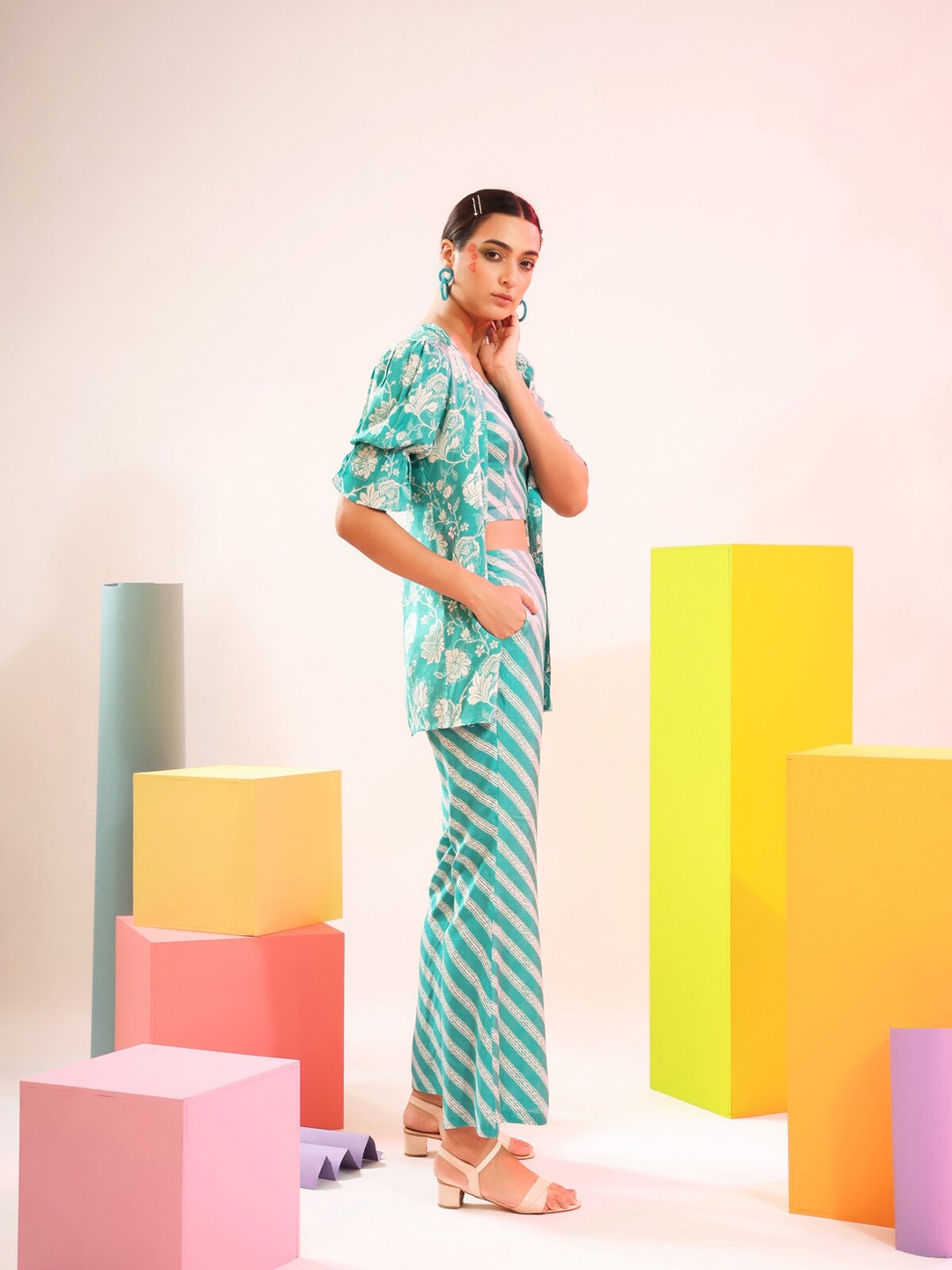 

JISORA Women Green Printed Pure Silk Co-Ord Set