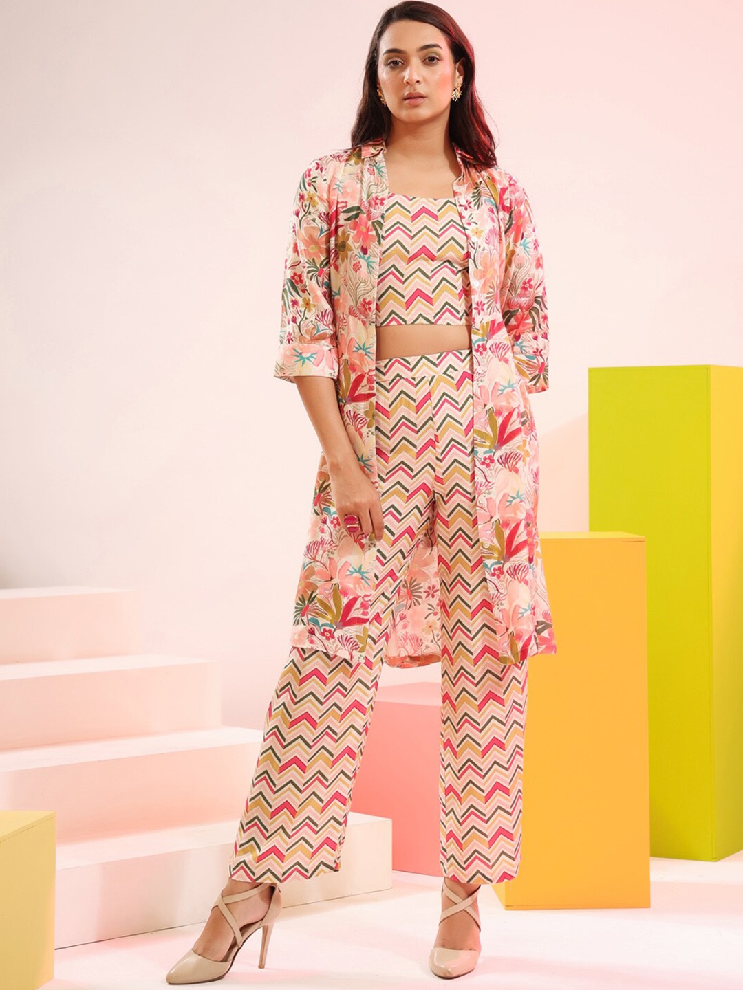 

JISORA Women Pink Printed Pure Silk Co-Ord Set