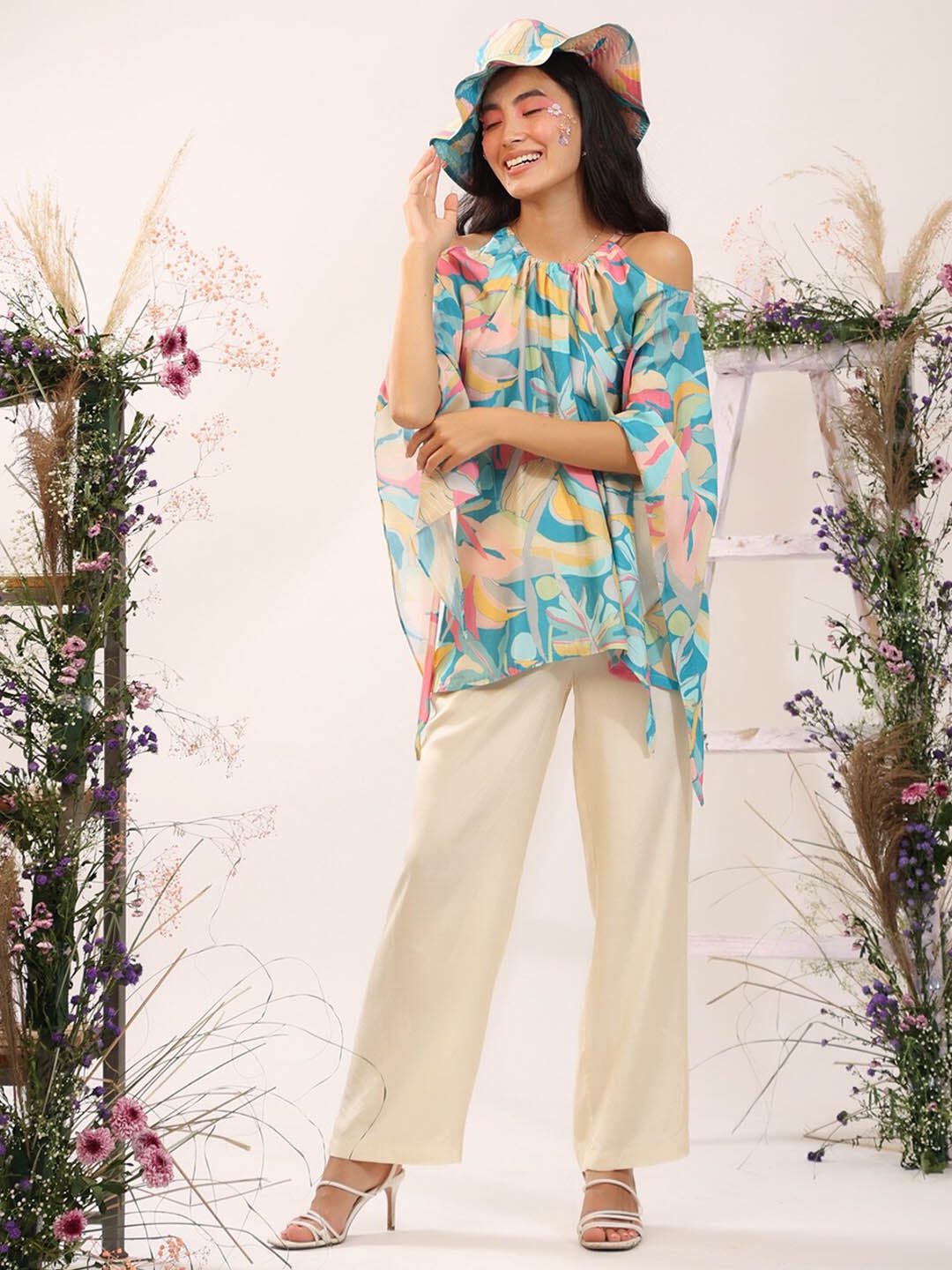 

JISORA Women Blue Printed Kaftan Pure Silk Co-Ord Set