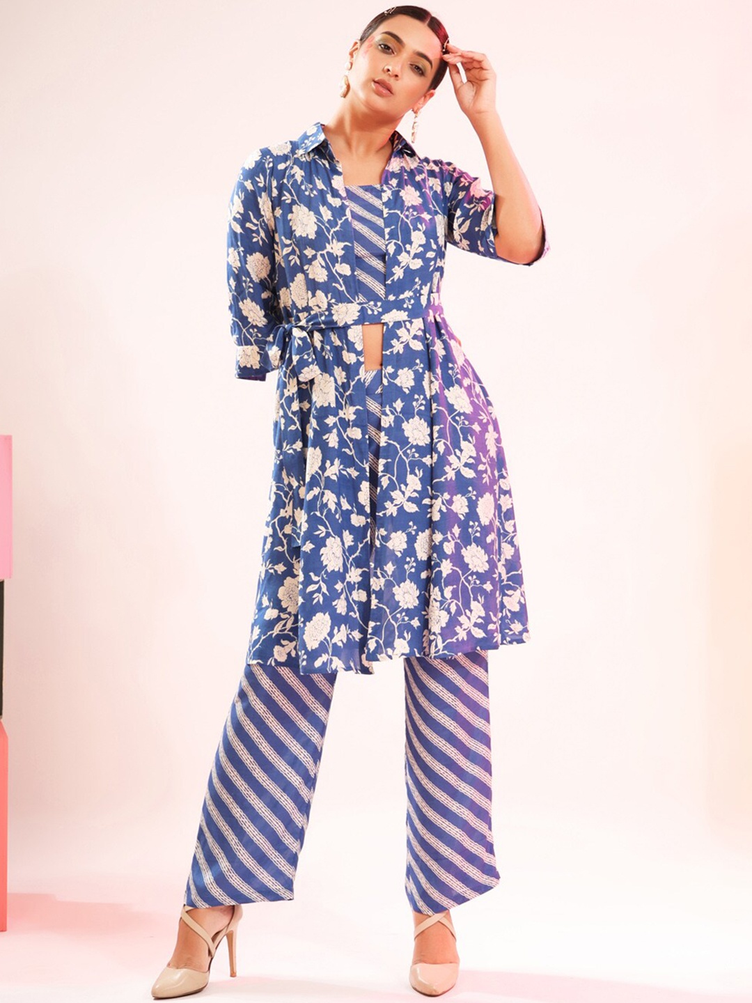 

JISORA Women Blue Printed Pure Silk Co-Ord Set