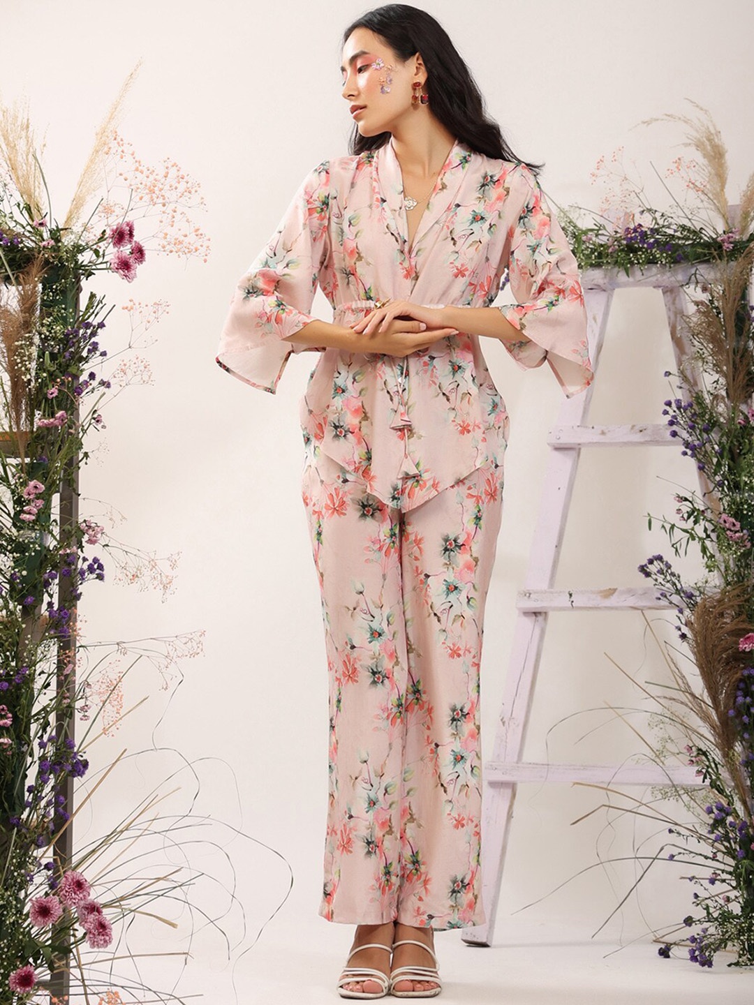 

JISORA Women Pink Floral Printed Silk Co-Ords Set