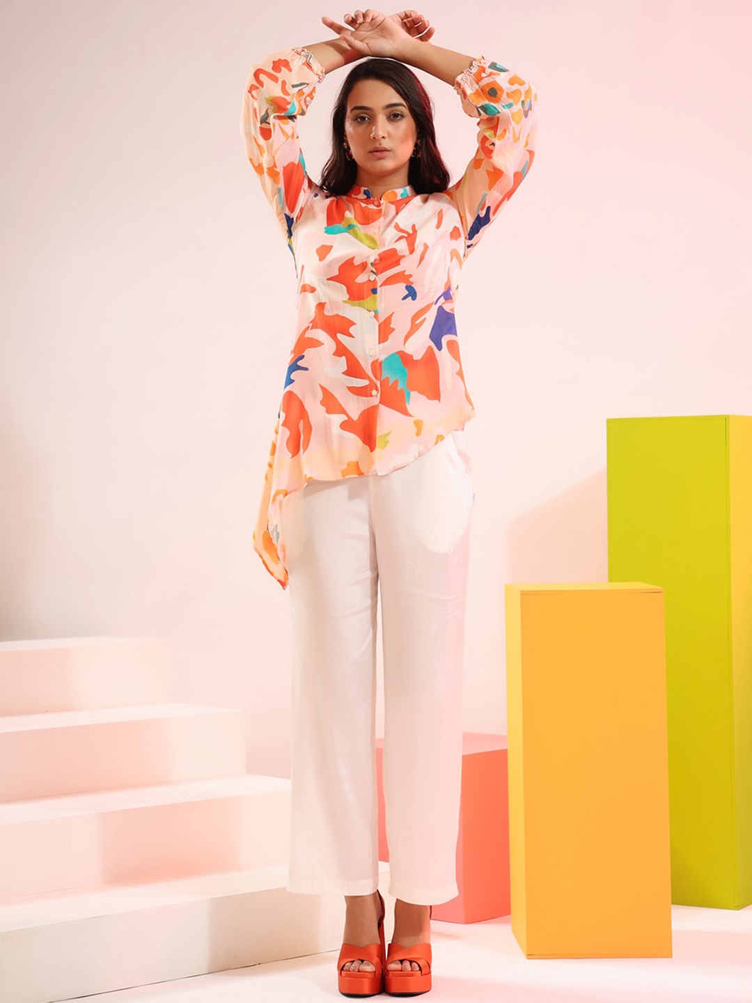 

JISORA Women Orange & Off White Printed Pure Silk Co-Ord Set