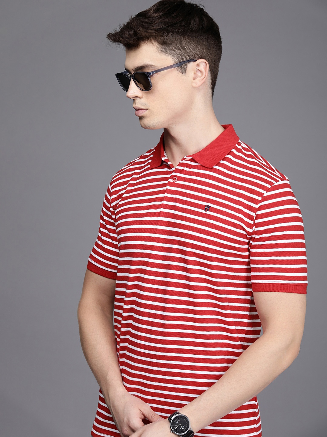 

Louis Philippe Sport Men Red & White Striped Polo Collar Slim Fit T-shirt