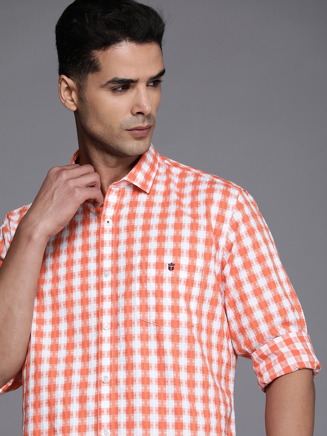 

Louis Philippe Sport Men Pure Cotton Slim Fit Checked Casual Shirt, Coral
