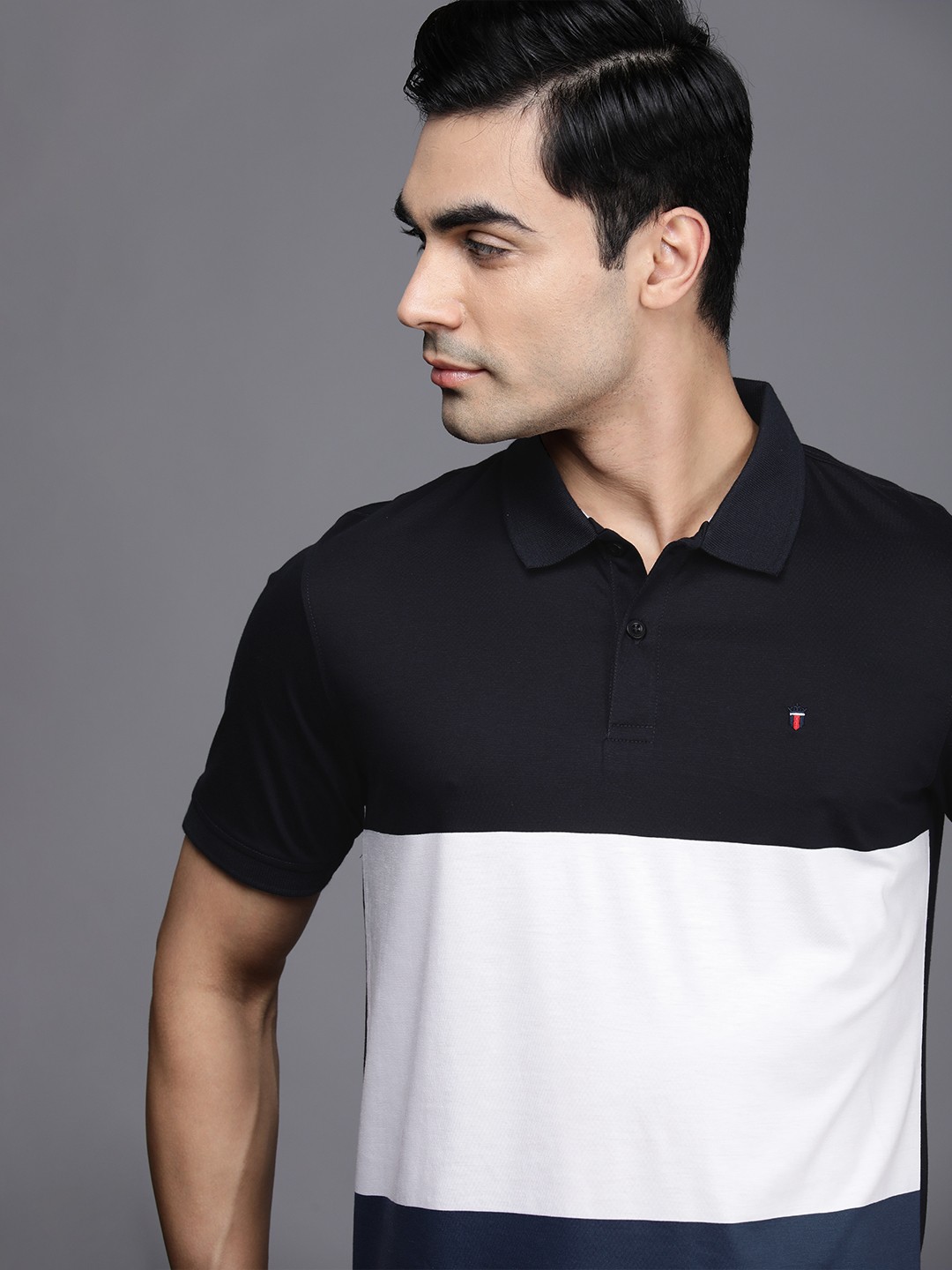 

Louis Philippe Sport Men Navy Blue & White Colourblocked Pure Cotton Slim Fit Polo T-shirt