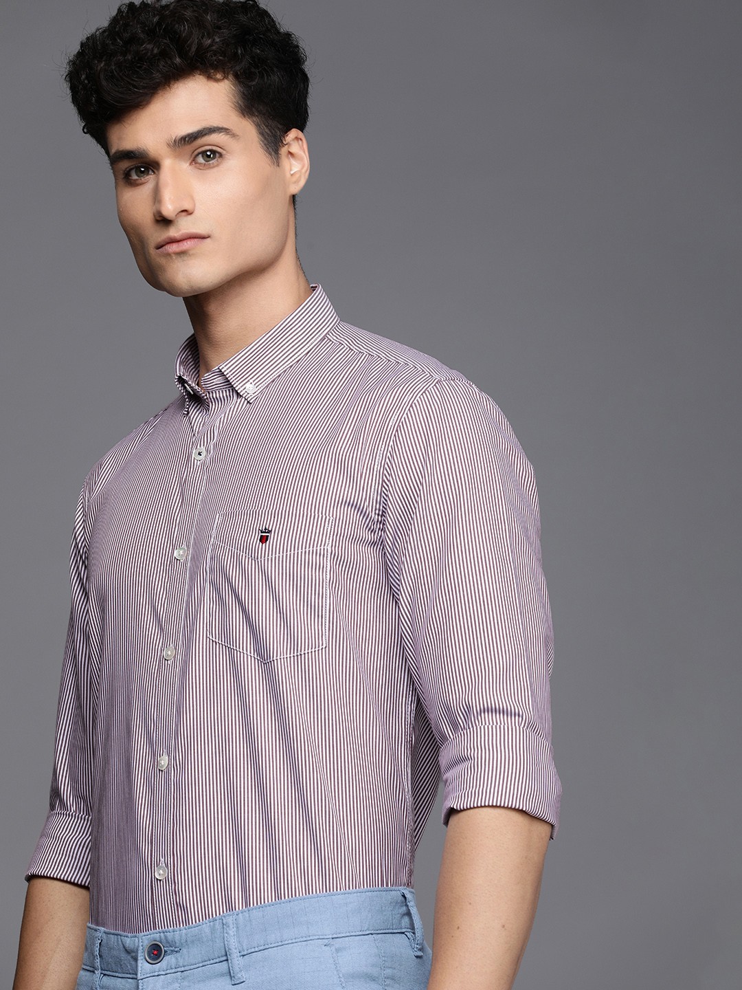 

Louis Philippe Sport Men Maroon Super Slim Fit Pinstriped Pure Cotton Semiformal Shirt