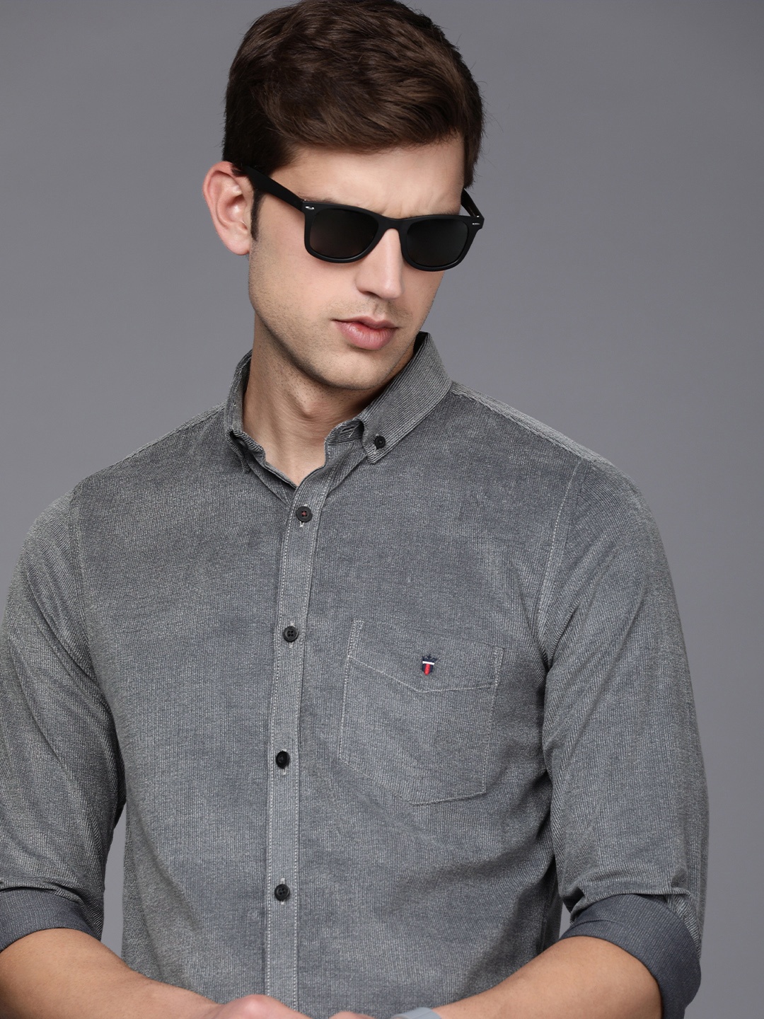 

Louis Philippe Sport Men Grey Super Slim Fit Striped Pure Cotton Casual Shirt