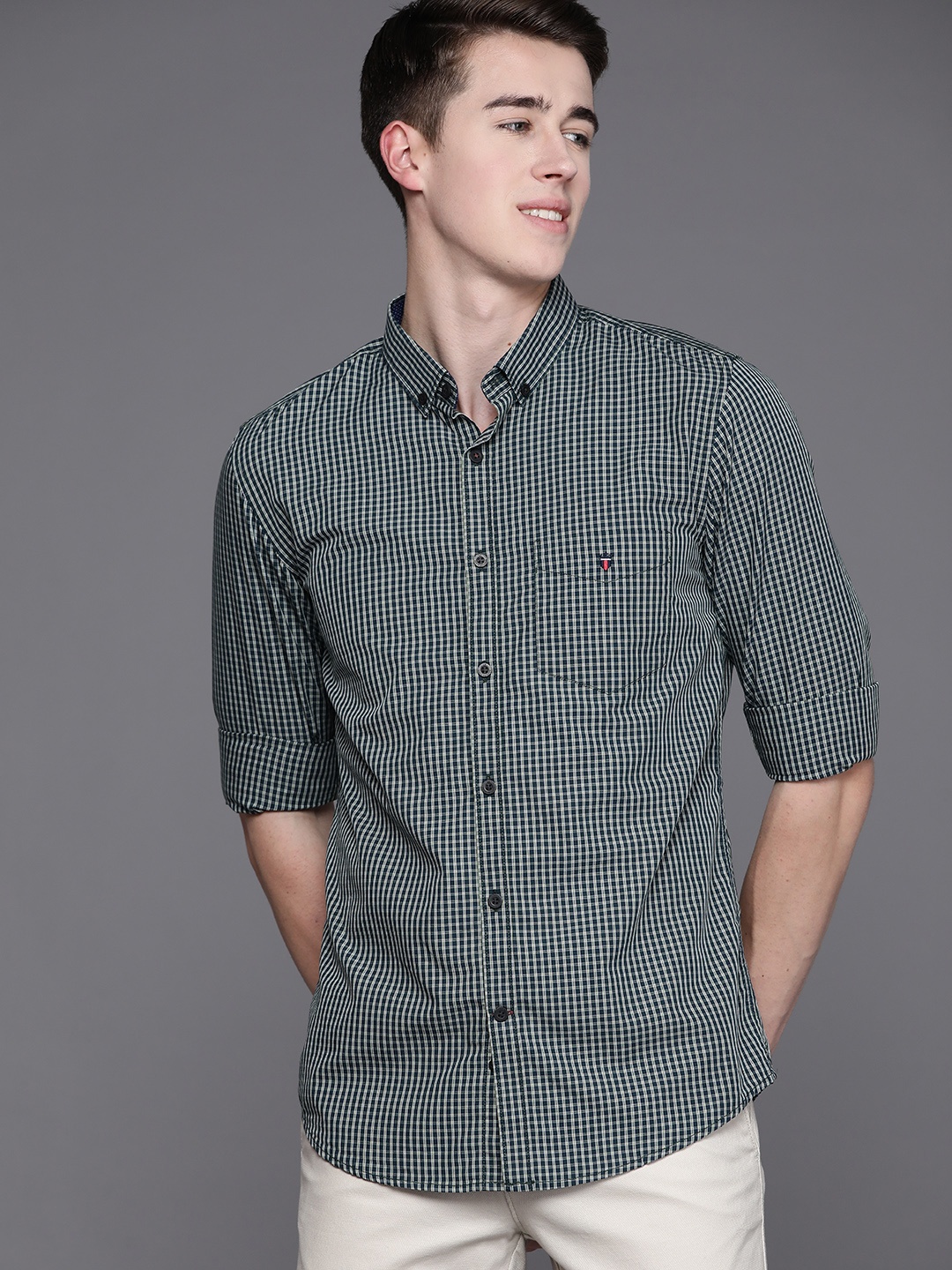 

Louis Philippe Sport Men Pure Cotton Super Slim Fit Micro Checked Casual Shirt, Green