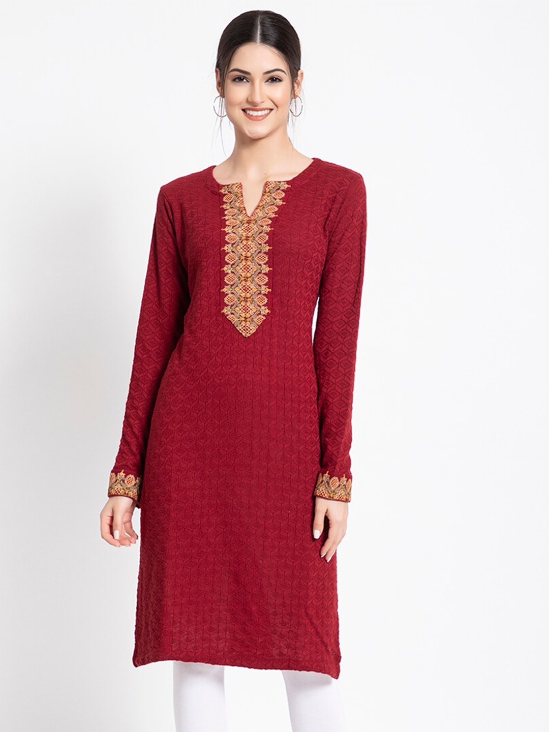 

KEIKO Women Maroon Woven Design Embroidered Thread Work Kurta