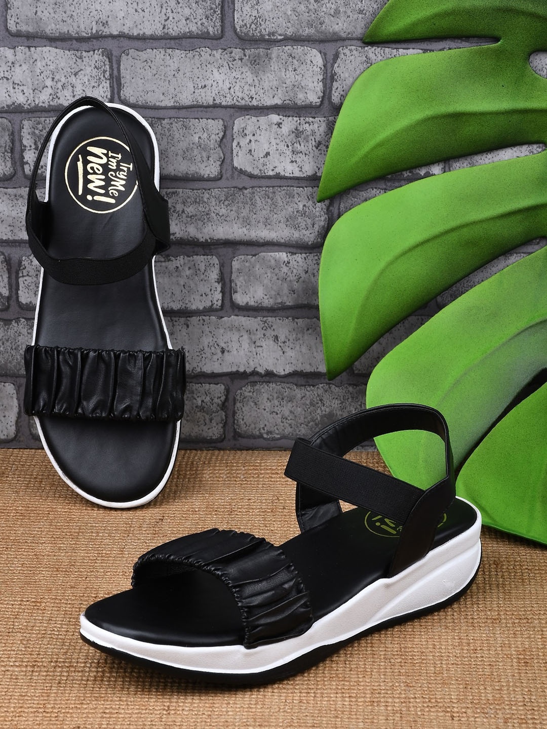

Try Me Black And White Ruched Strap Flat Form Heel
