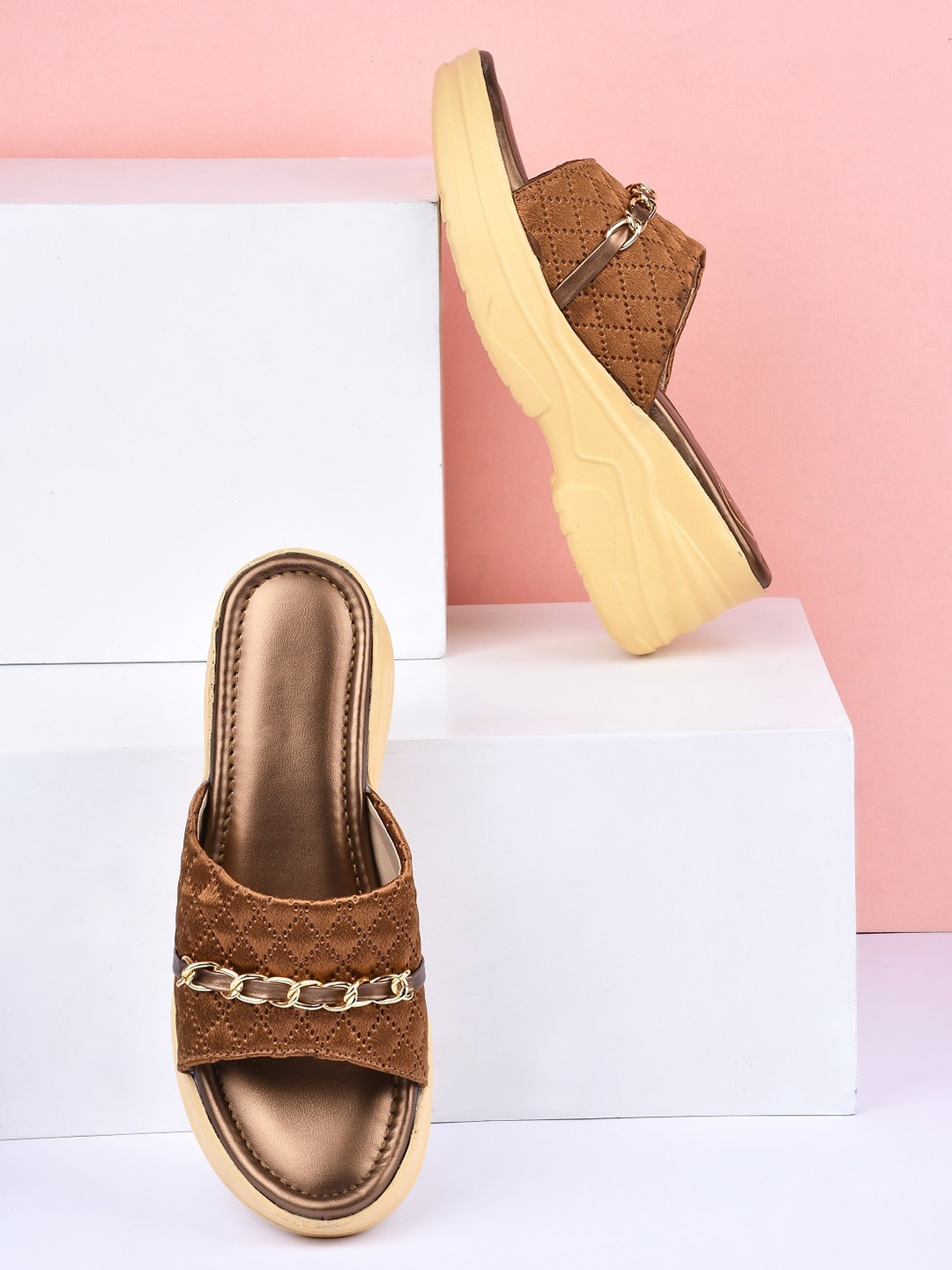 

Try Me Women Brown Self Design Strap Party Wedge Heel