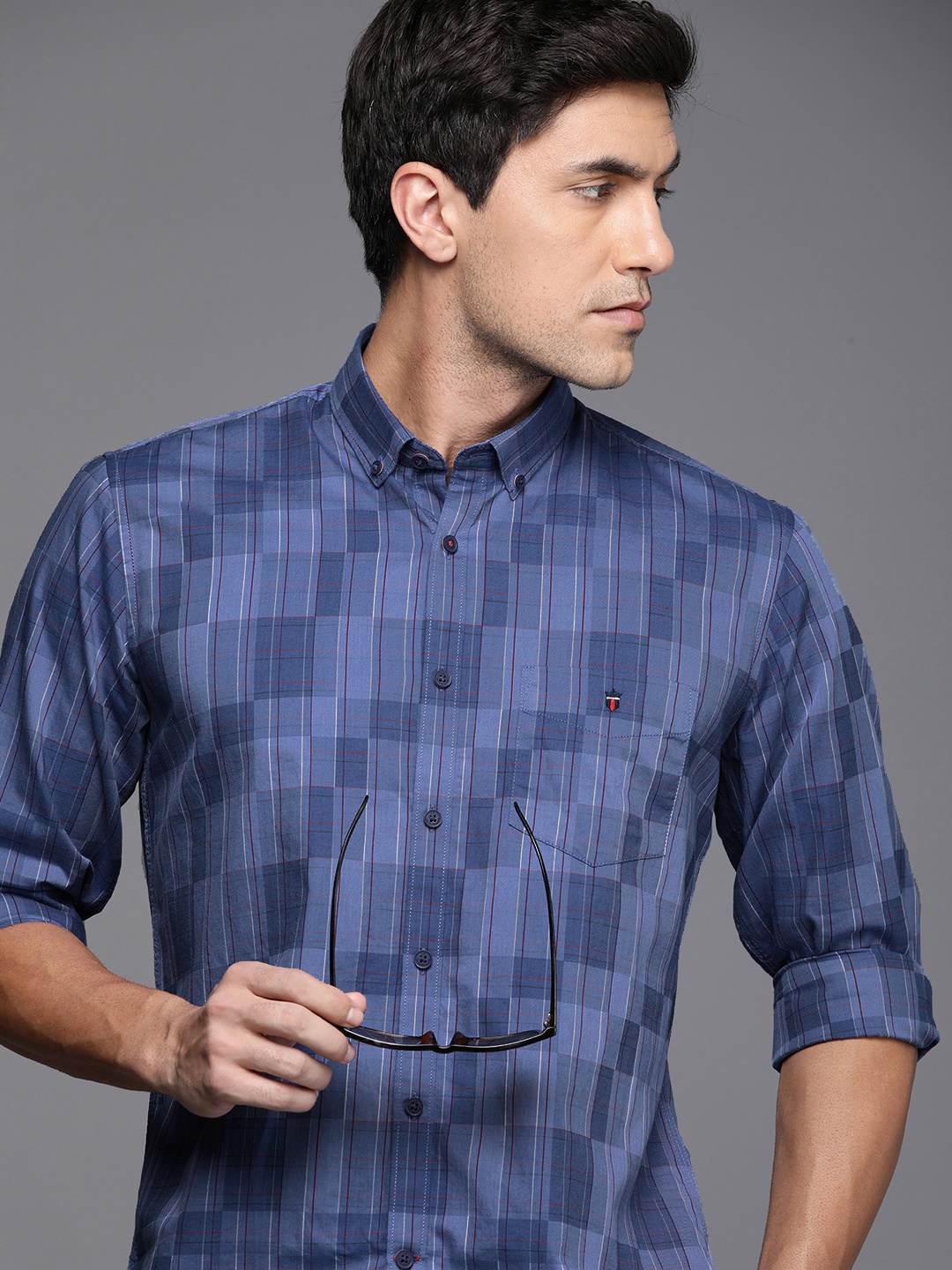 

Louis Philippe Sport Men Pure Cotton Slim Fit Checked Casual Shirt, Blue