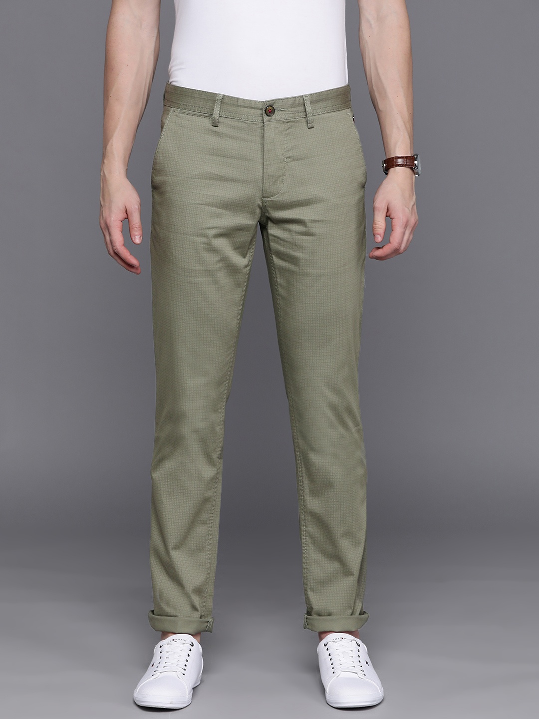 

Louis Philippe Sport Men Checked Slim Fit Trousers, Olive