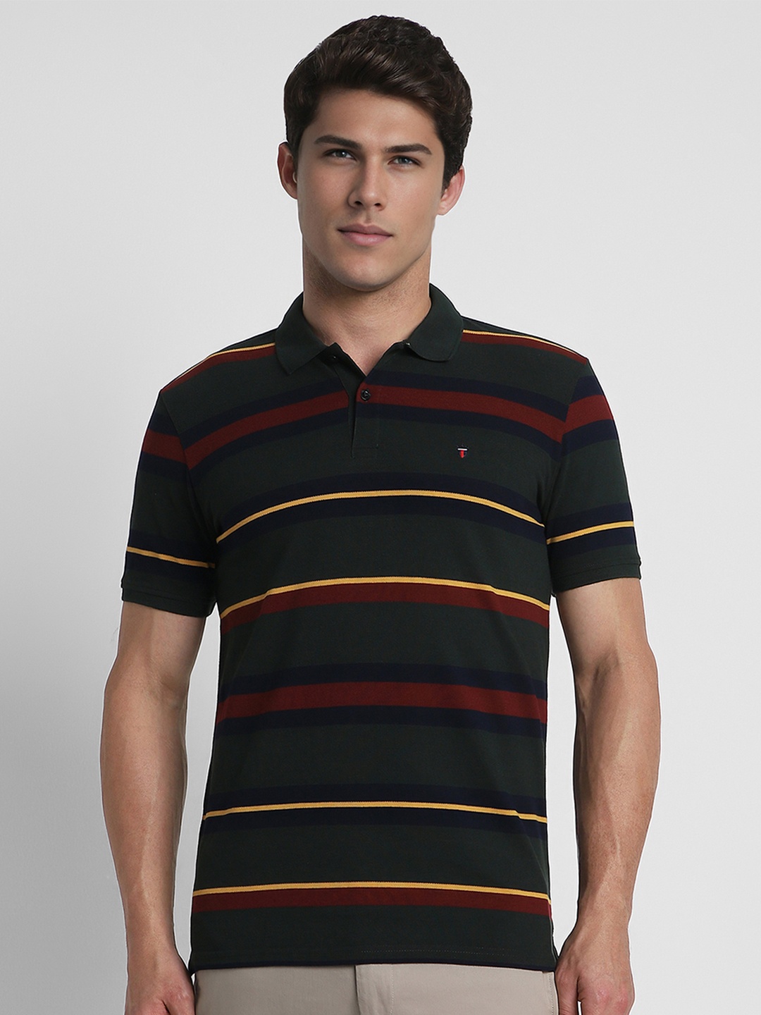 

Louis Philippe Sport Men Green & Navy Blue Striped Polo Collar T-shirt