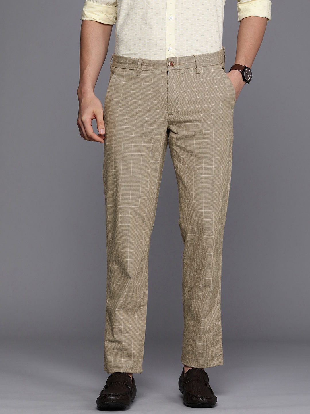 

Louis Philippe Sport Men Checked Slim Fit Trousers, Beige