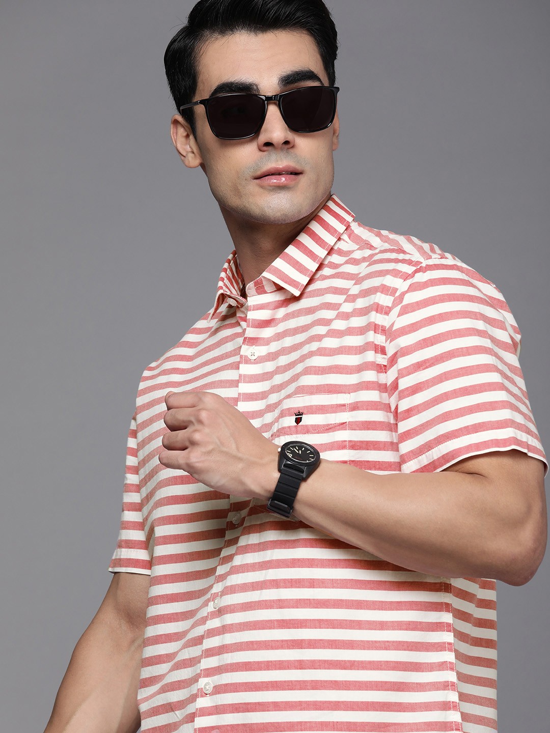 

Louis Philippe Sport Slim Fit Striped Pure Cotton Casual Shirt, Pink