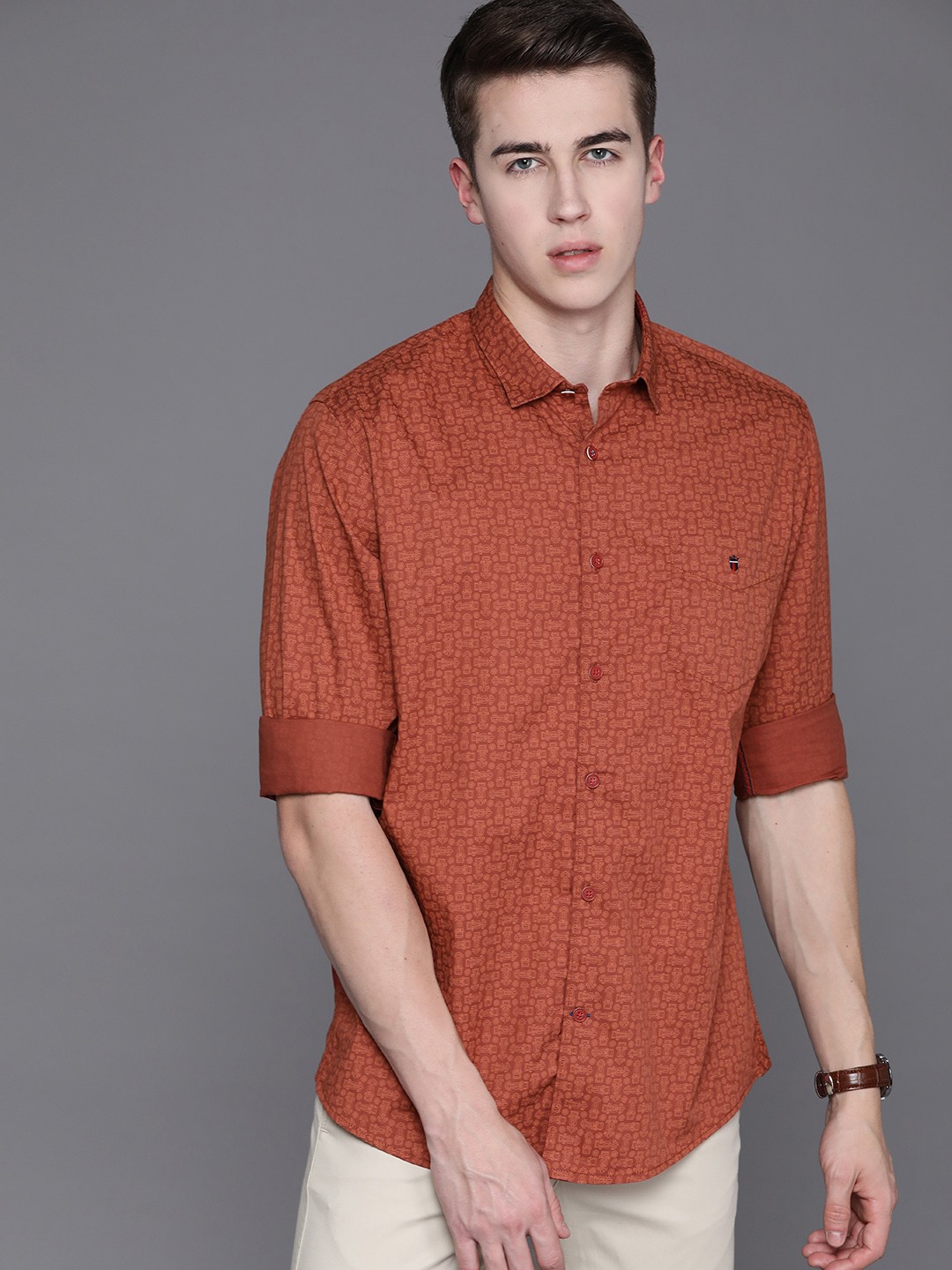 

Louis Philippe Sport Men Pure Cotton Slim Fit Printed Casual Shirt, Rust
