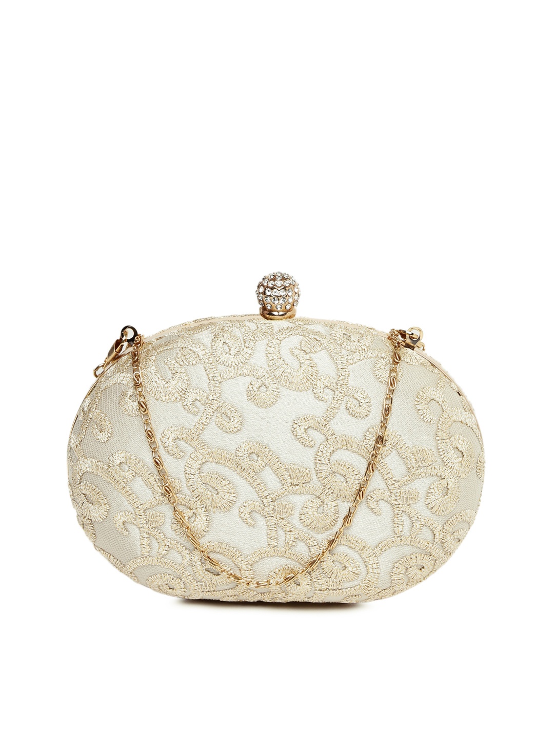 

DressBerry Beige Shimmer & Embroidered Box Clutch with Chain Strap
