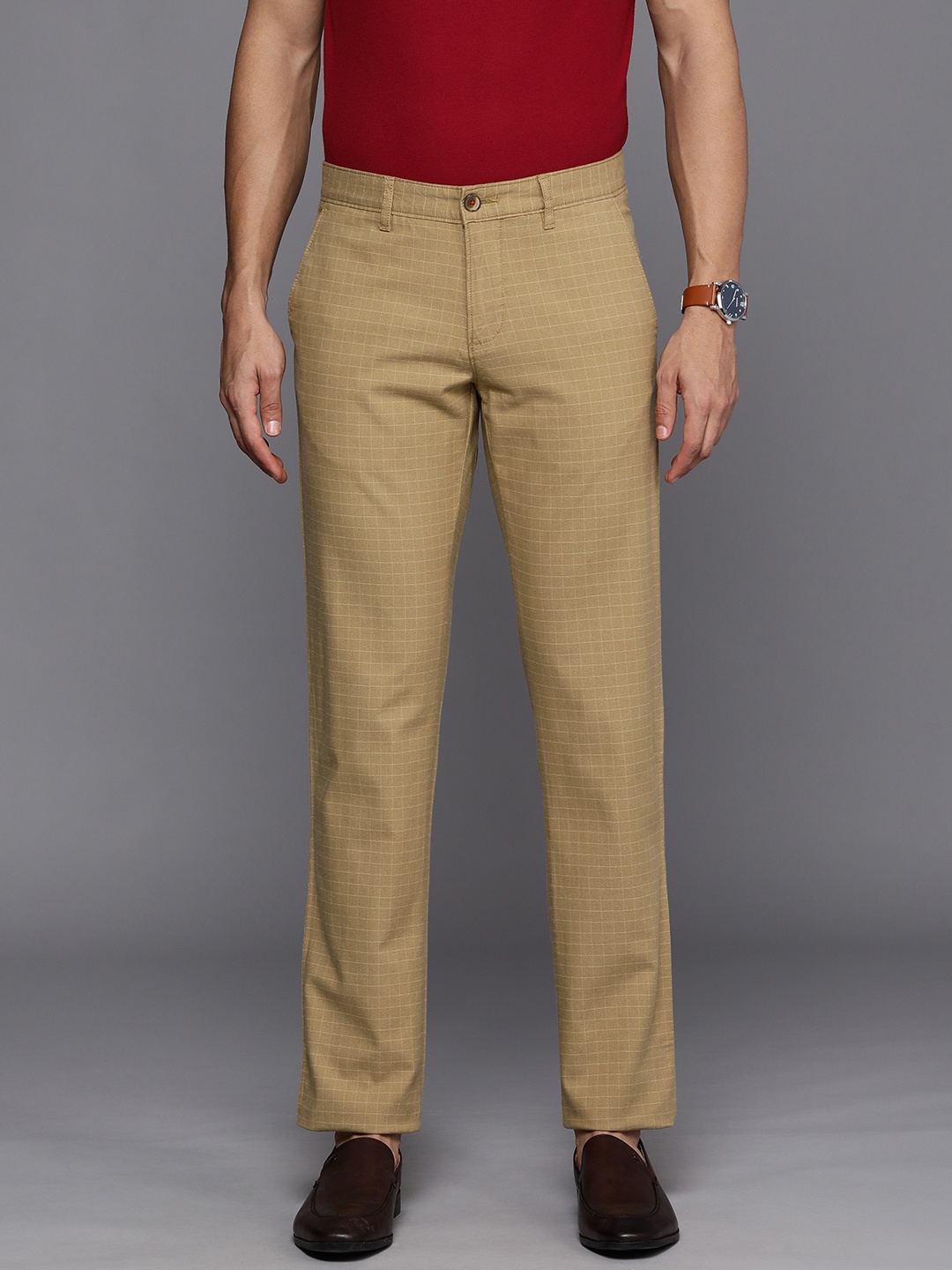 

Louis Philippe Sport Men Khaki Small Windowpane Checked Slim Fit Trousers