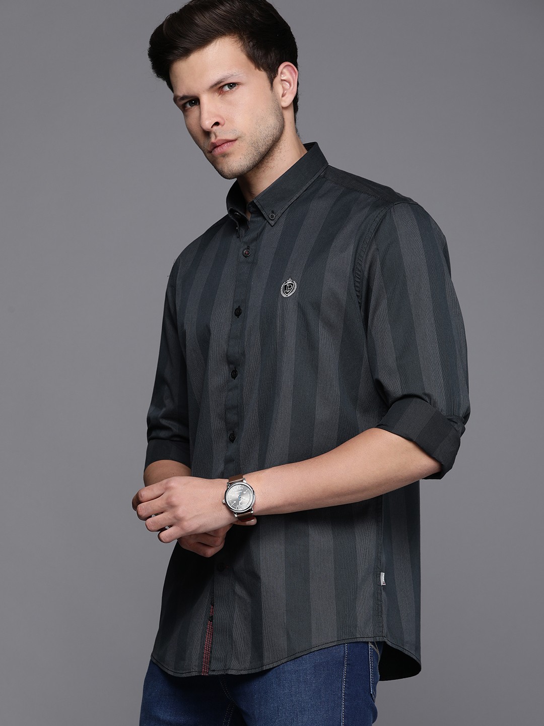 

Louis Philippe Sport Men Pure Cotton Slim Fit Striped Casual Shirt, Charcoal
