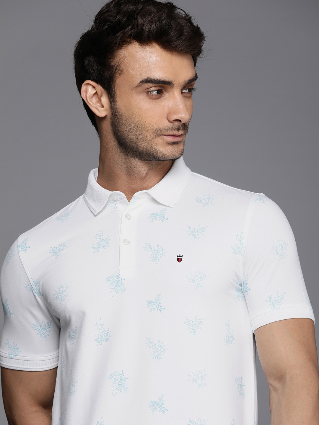 

Louis Philippe Sport Men Floral Printed Polo Collar Pure Cotton Slim Fit T-shirt, White
