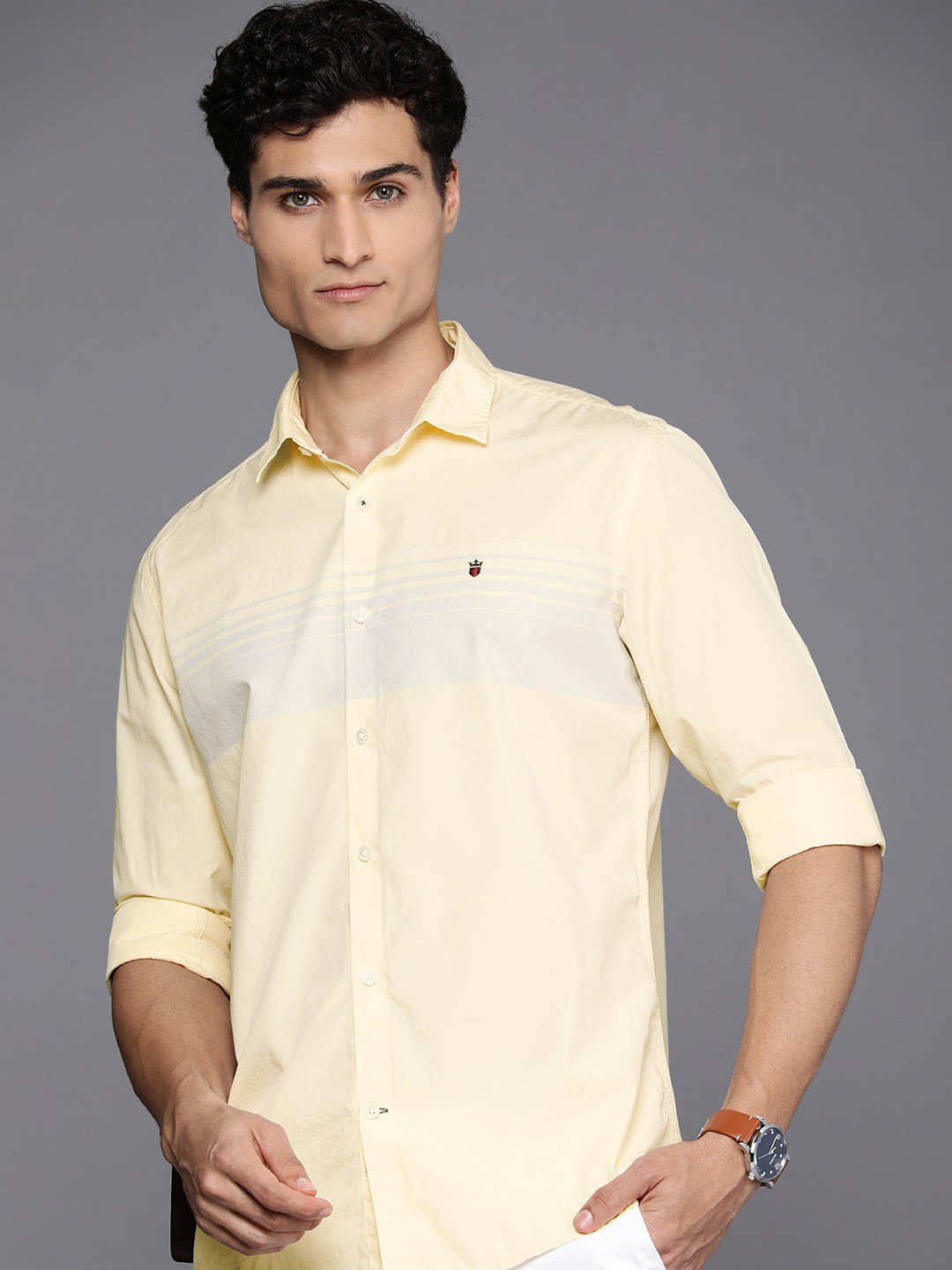 

Louis Philippe Sport Slim Fit Horizontal Striped Pure Cotton Casual Shirt, Yellow