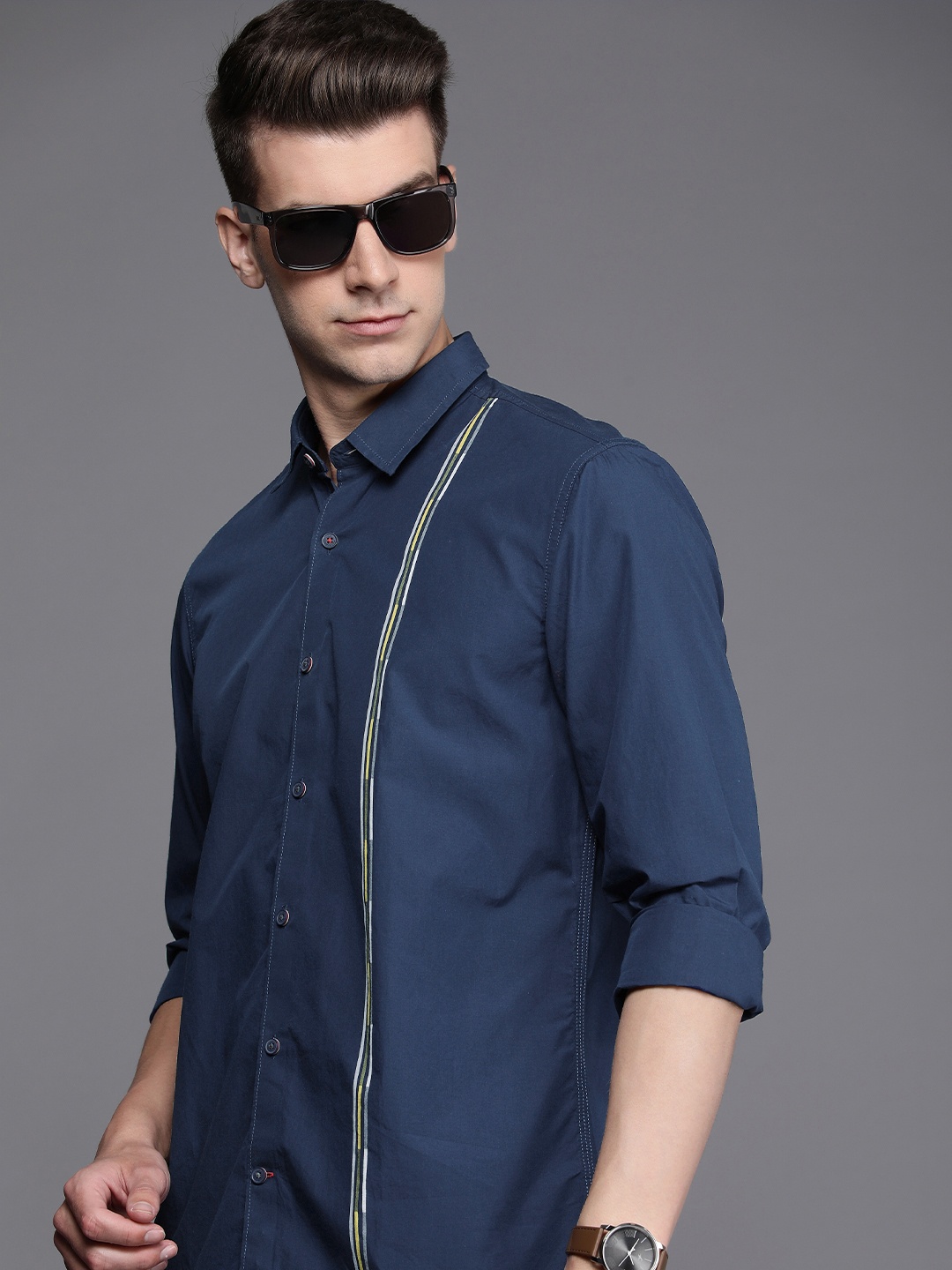 

Louis Philippe Sport Pure Cotton Slim Fit Striped Casual Shirt, Navy blue