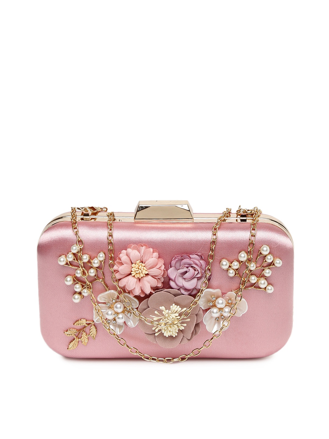 

DressBerry Pink Floral Embellished Box Clutch with Chain Strap