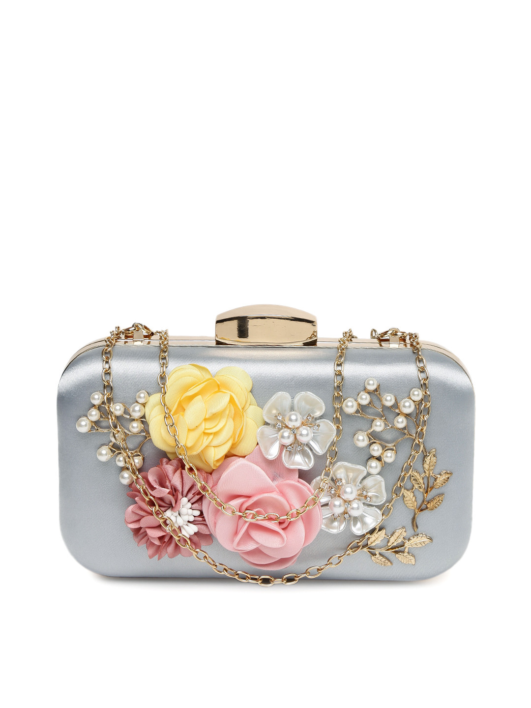 

DressBerry Grey Floral Embellished Box Clutch with Chain Strap