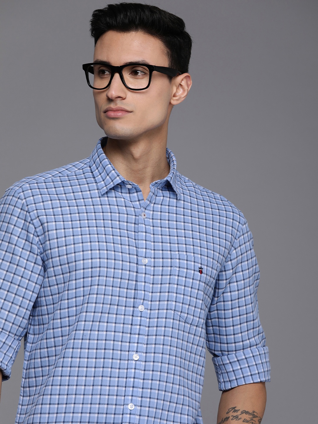 

Louis Philippe Sport Men Pure Cotton Slim Fit Checked Casual Shirt, Blue
