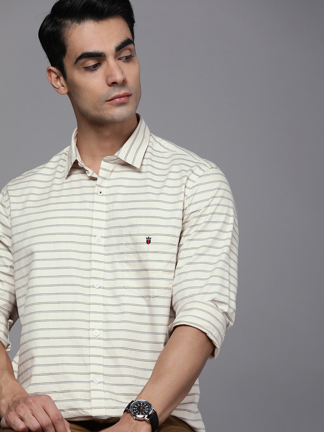 

Louis Philippe Sport Men Beige Slim Fit Striped Pure Cotton Casual Shirt