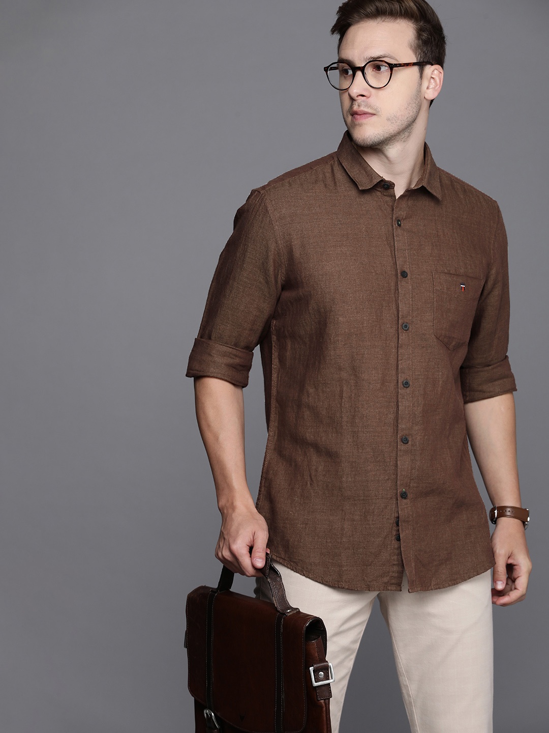 

Louis Philippe Sport Linen Cotton Slim Fit Semiformal Shirt, Coffee brown