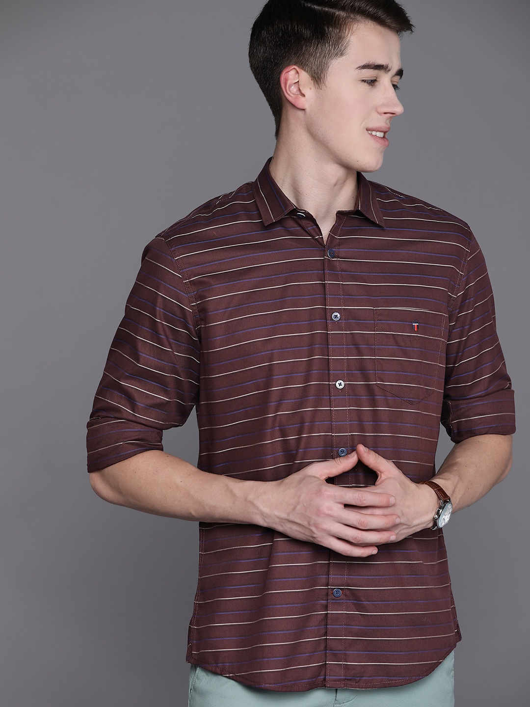 

Louis Philippe Sport Striped Pure Cotton Slim Fit Casual Shirt, Burgundy
