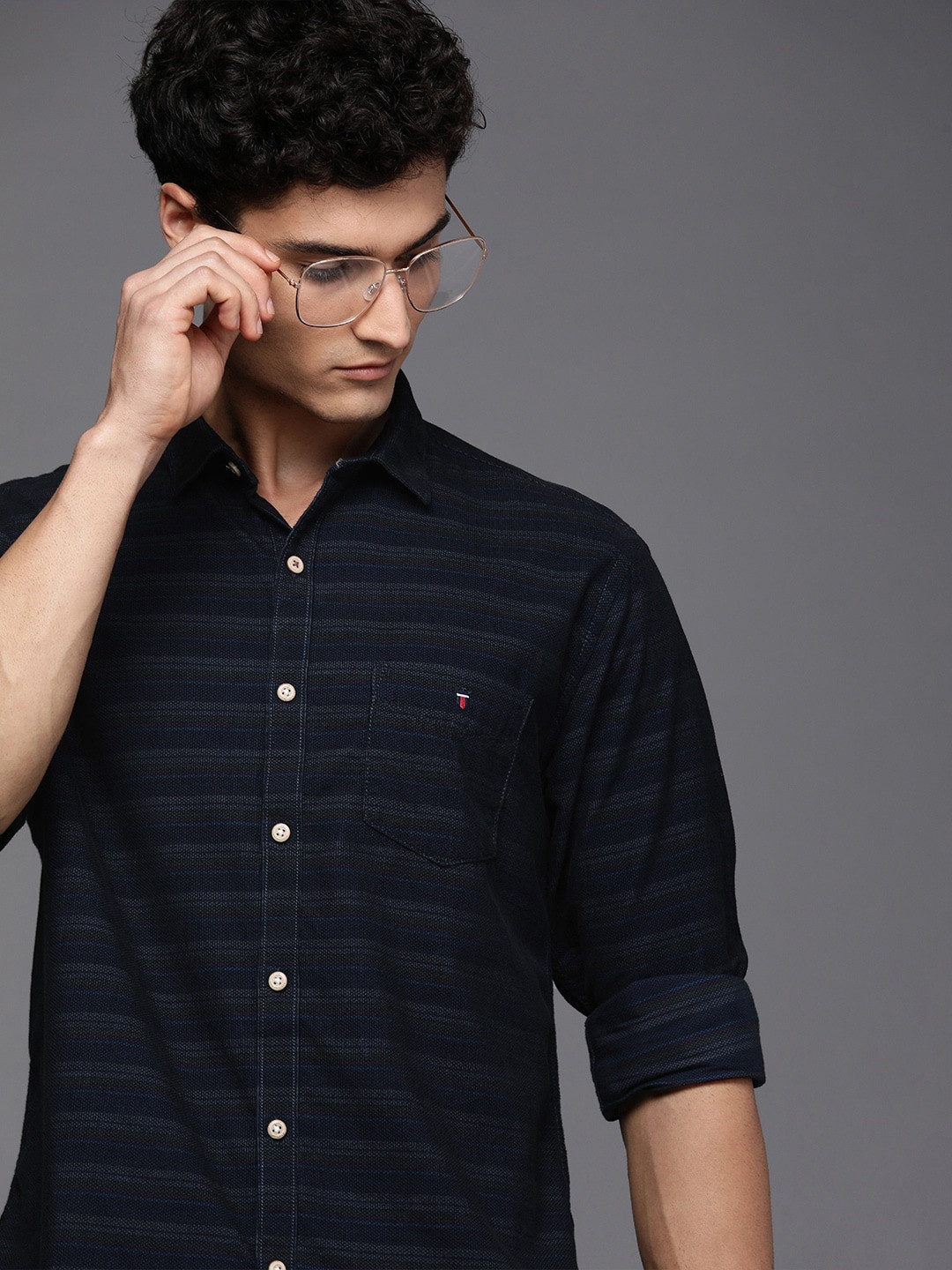 

Louis Philippe Sport Pure Cotton Horizontal Striped Slim Fit Casual Shirt, Navy blue