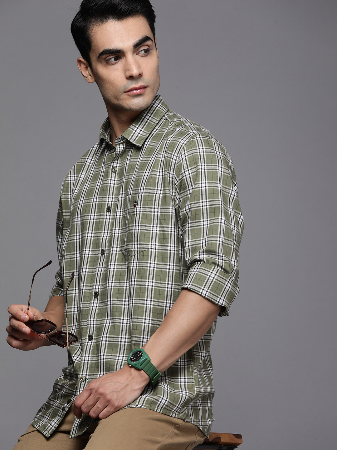 

Louis Philippe Sport Men Olive Green & White Slim Fit Tartan Checked Cotton Casual Shirt