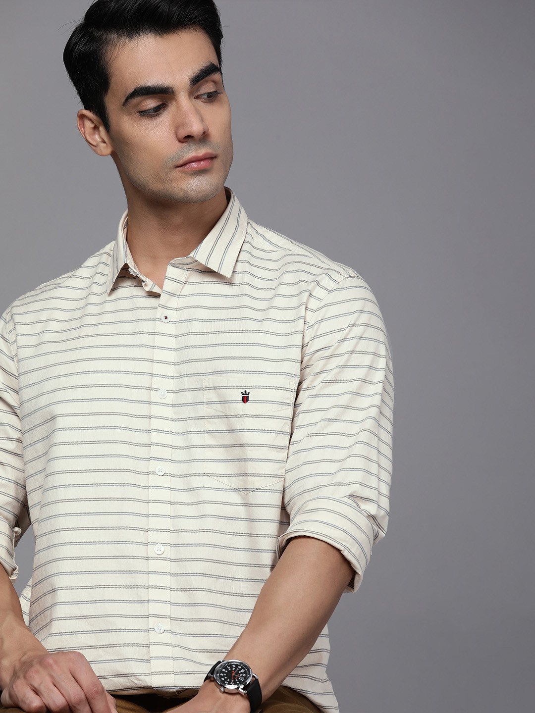 

Louis Philippe Sport Slim Fit Striped Pure Cotton Casual Shirt, White