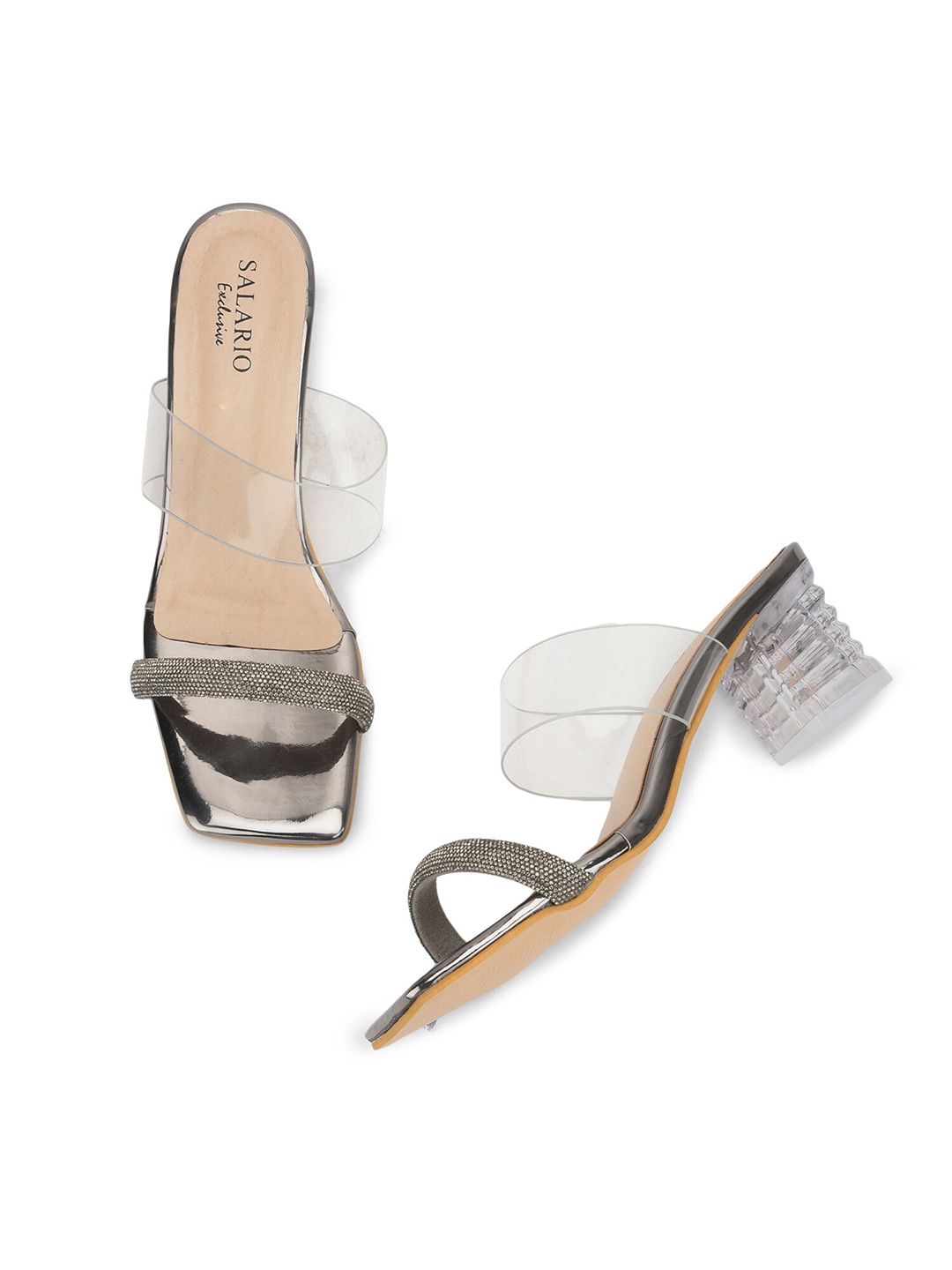 

SALARIO Transparent & Gunmetal-Toned Embellished PU Party Block Heels