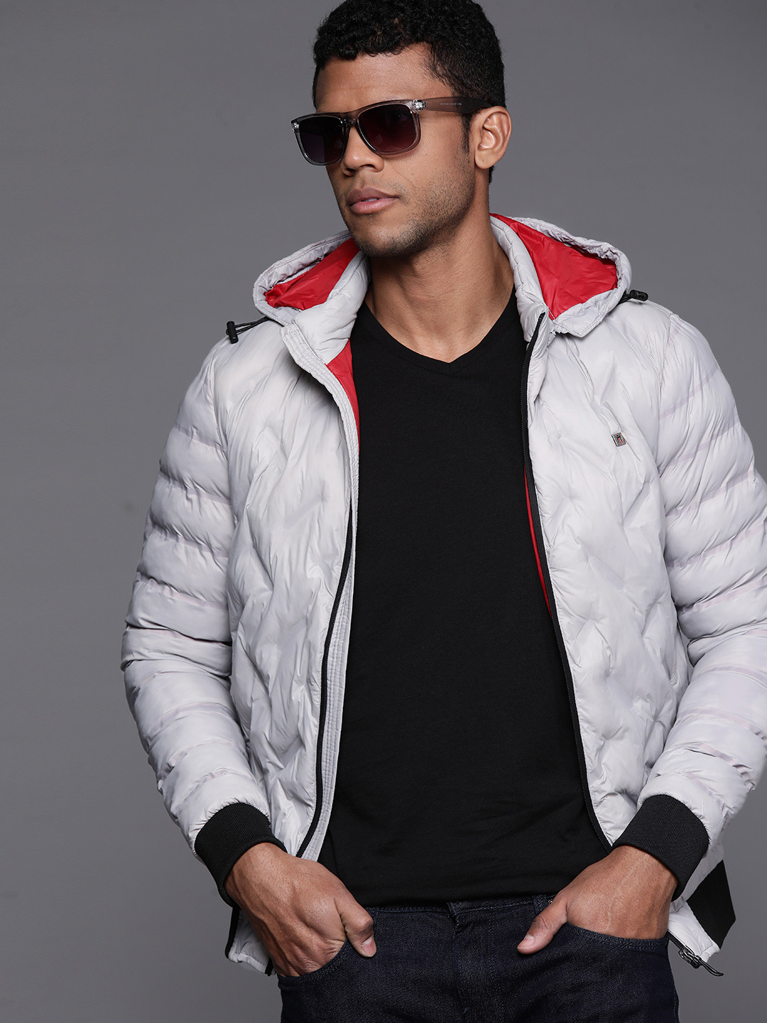 

Louis Philippe Puffer Jacket with Detachable Hood, Grey