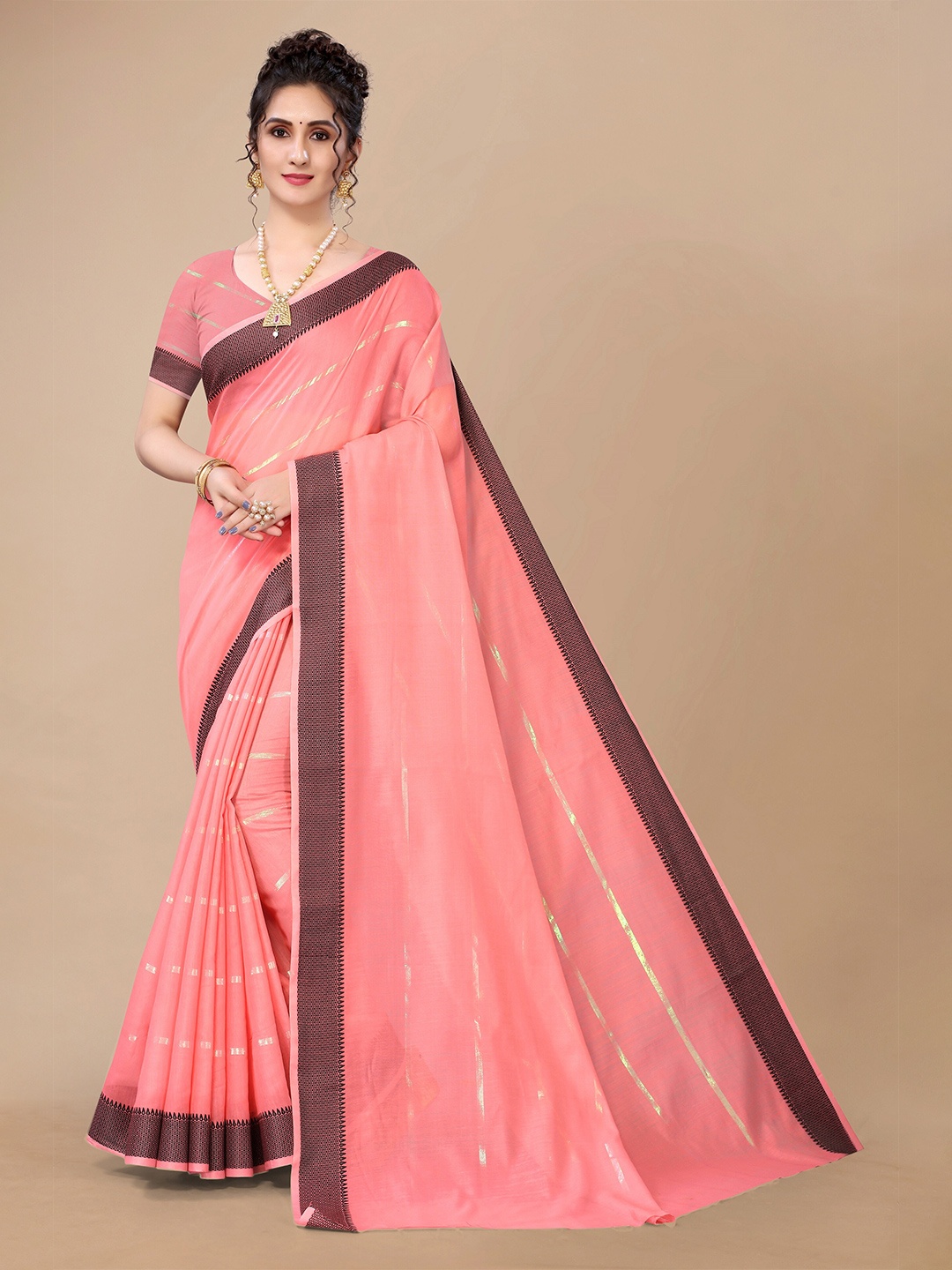 

Fashion FRICKS Peach-Coloured & Silver-Toned Striped Zari Silk Cotton Saree